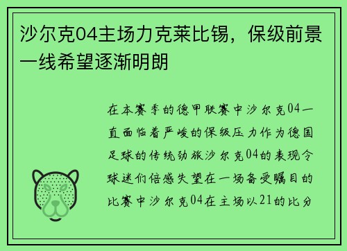 沙尔克04主场力克莱比锡，保级前景一线希望逐渐明朗